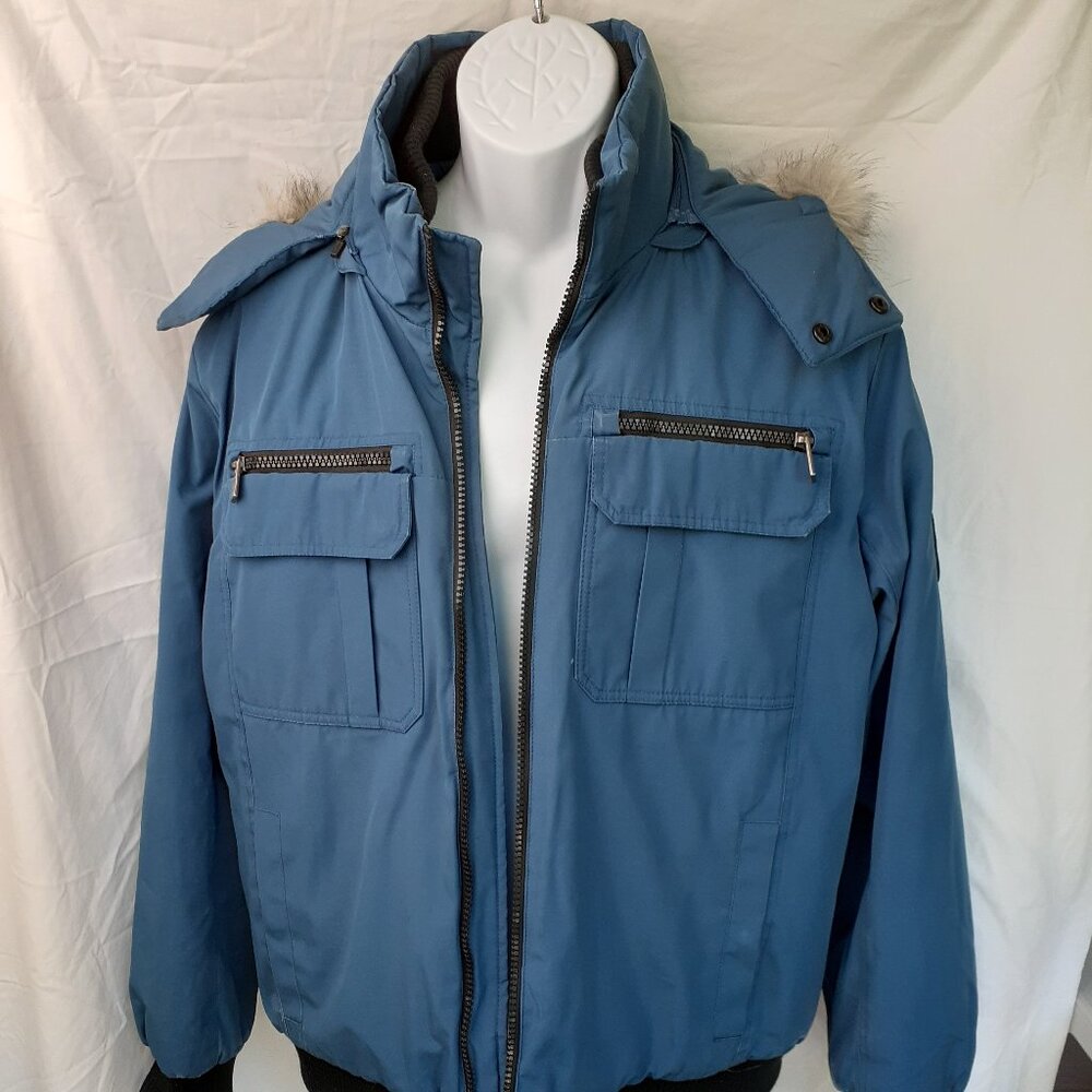 Calvin Klein Men's Large Blue Arctic Bomber Winter Coat with Detachable Hood